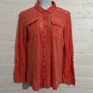 5/$25 Eddie Bauer Womens Top M Orange Button Front Burnout Tab Sleer Collared